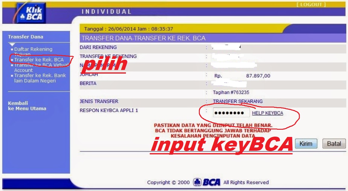 Cara Transfer Uang Lewat Internet Banking BCA (Klik BCA) ke Rekening BCA