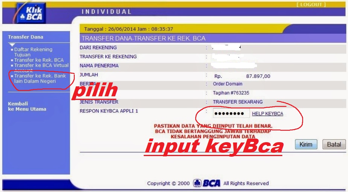 Cara Transfer Uang Lewat Internet Banking BCA (Klik BCA) ke Rekening Bank Lain