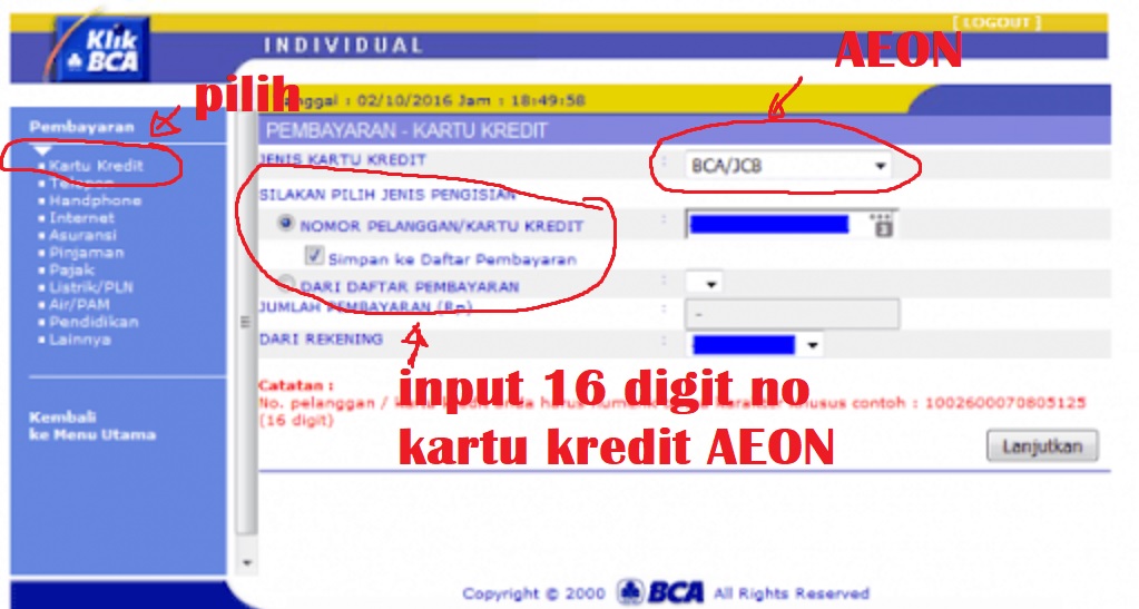Cara bayar AEON di Internet Banking BCA