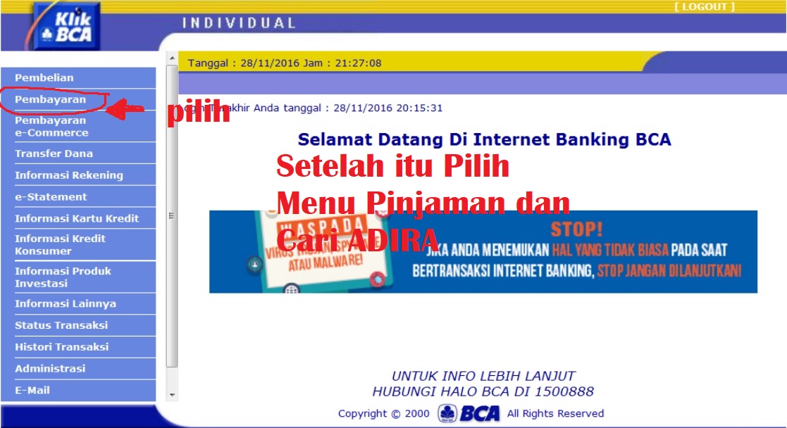 Cara bayar Adira via Internet Banking BCA