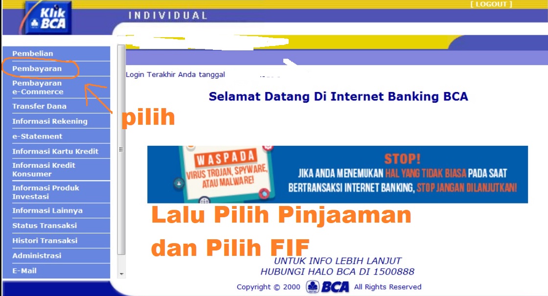 Cara bayar FIF Via Internet Banking BCA