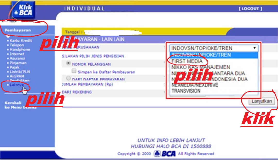 Cara bayar First Media Lewat Internet Banking BCA (KlikBCA)