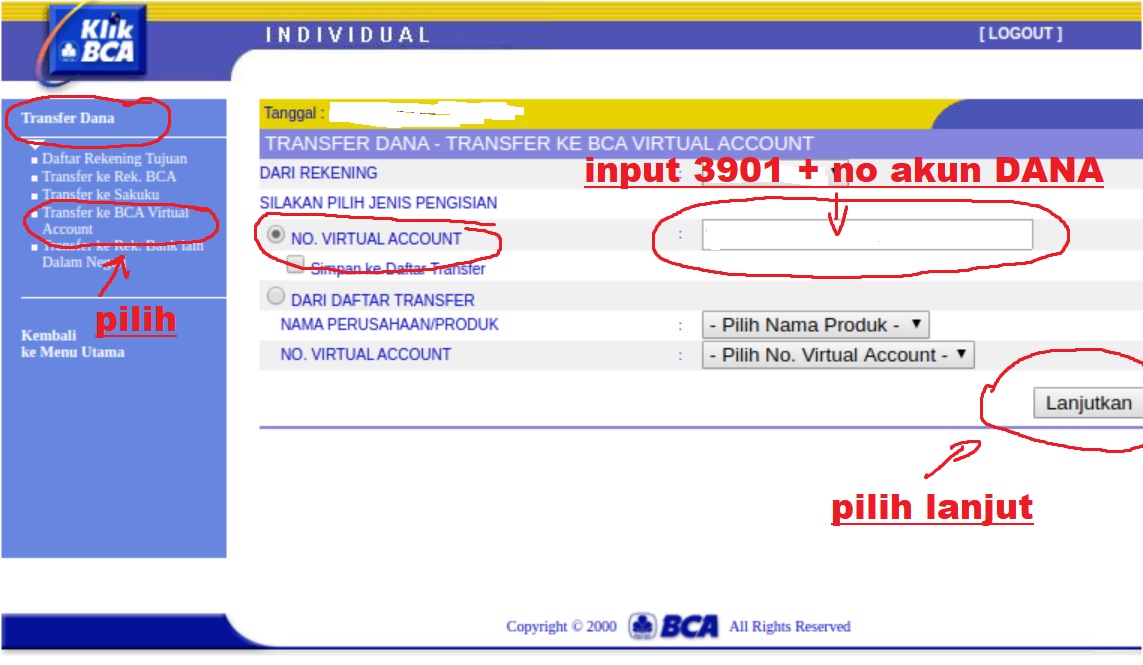Cara isi saldo DANA via Internet Banking BCA