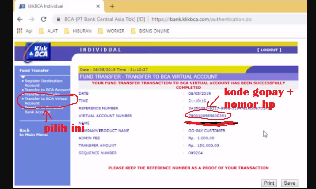 Cara isi saldo Gopay Via Internet Banking BCA